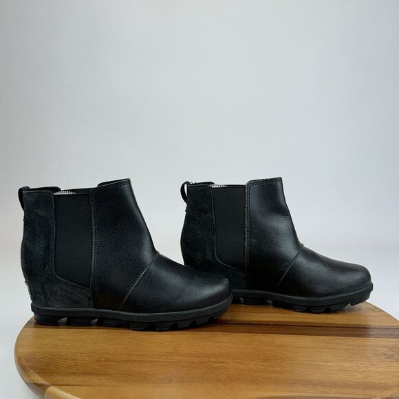 Womens Sorel Joan of‎ Arctic II Black Shimmer Leather Chelsea Wedge Boots Size 5 - Picture 1 of 9